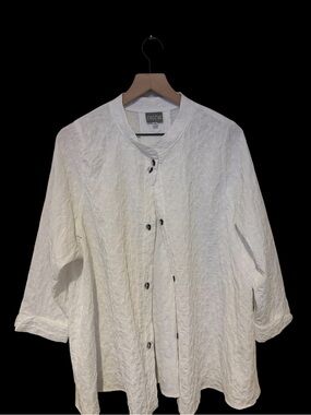 Niche White Button Front Textured Jacket Blouse 1X Mandarin Collar